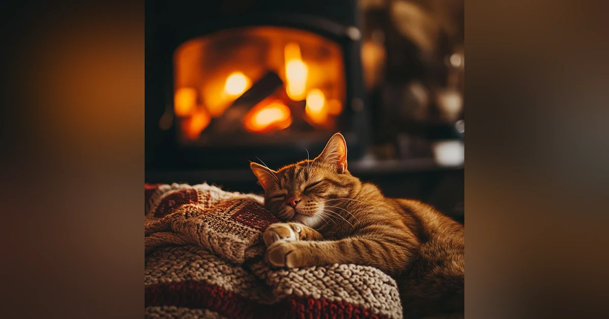 Fall asleep to the Purring of a Cat & Fireplace 🔥 Relax in Cozy Winter Hut, Fireplace sound