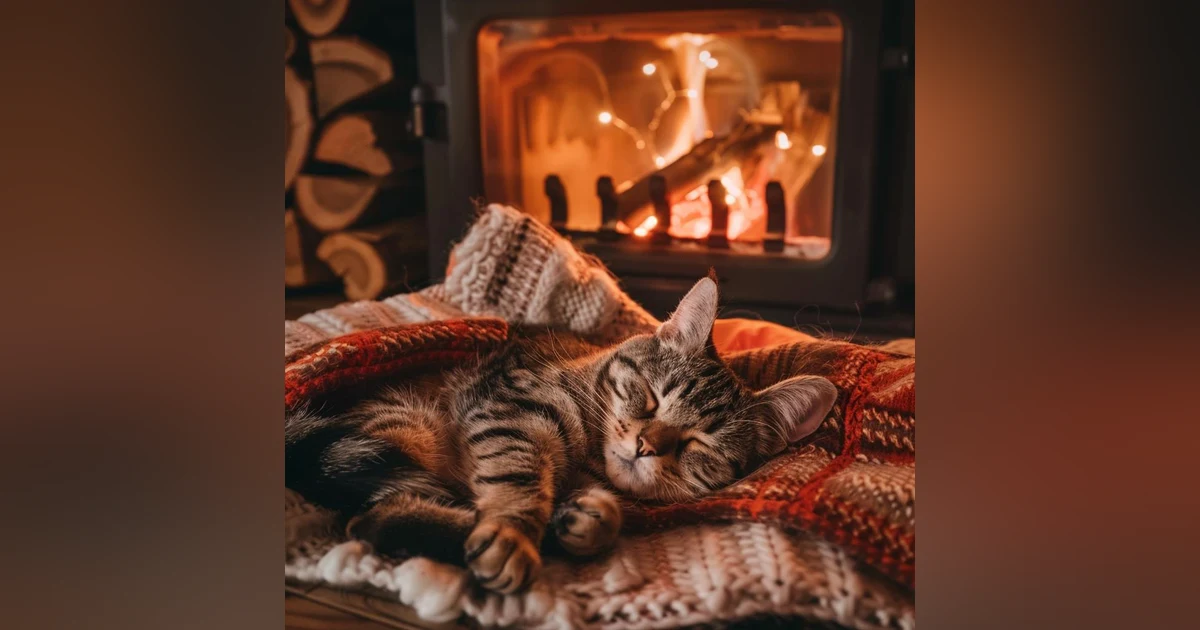 Fall asleep to the Purring of a Cat & Fireplace 🔥 Relax in Cozy Winter Hut, Fireplace sound