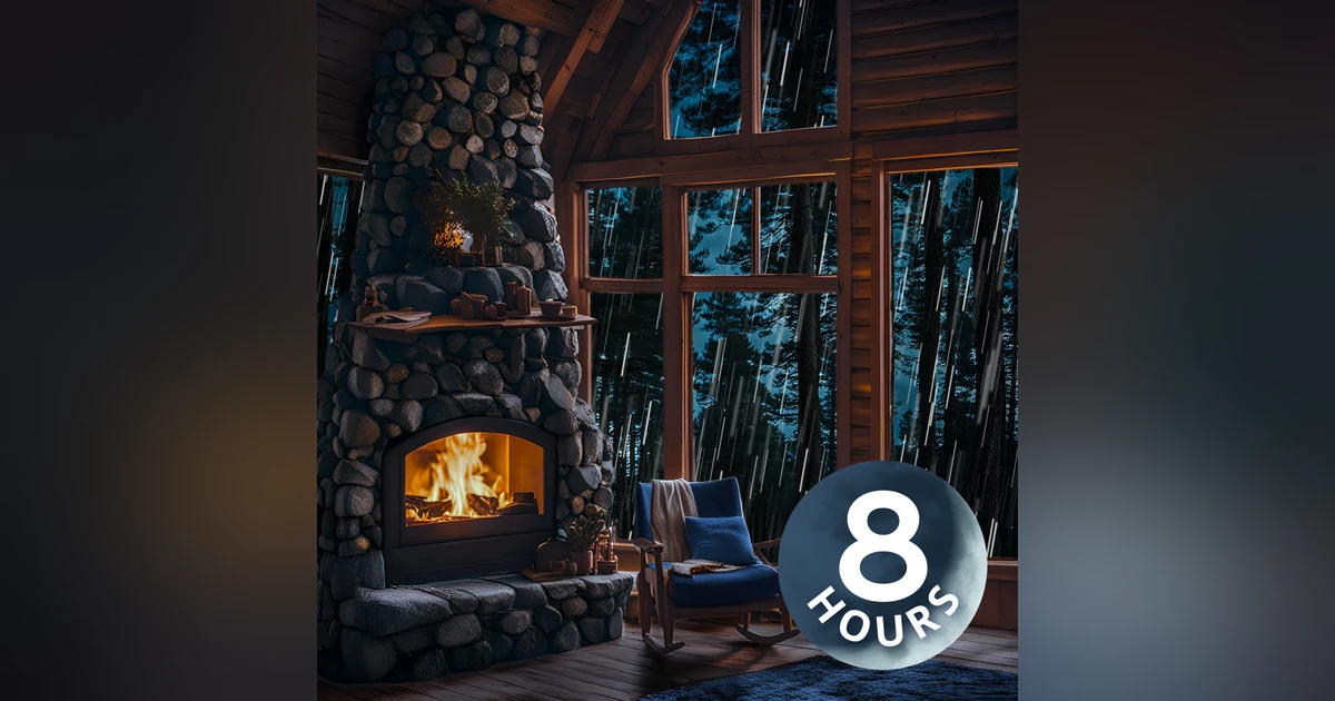 Fireplace & Rain Sounds for Sleeping in Cozy Cabin | 8 Hours