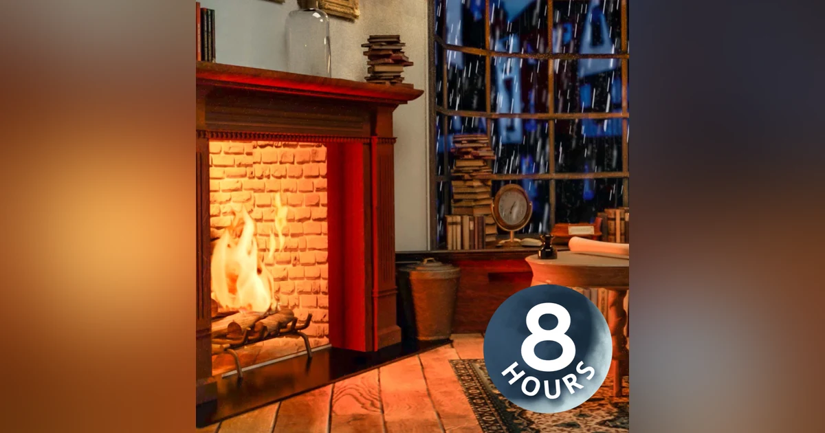 Rainy Night + Cozy Fireplace Ambience | Crackling Fire and Rain Sounds 8 Hours