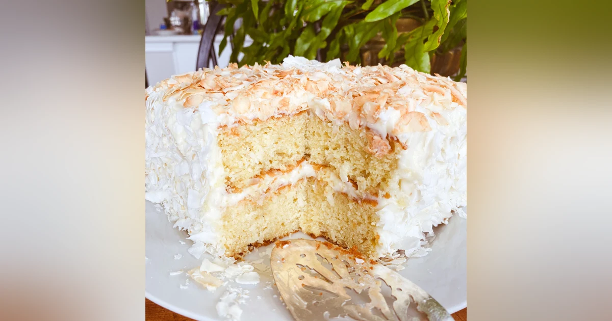 Gluten-Free Coconut Cake with Cream Cheese Buttercream Frosting (recipe in show notes)